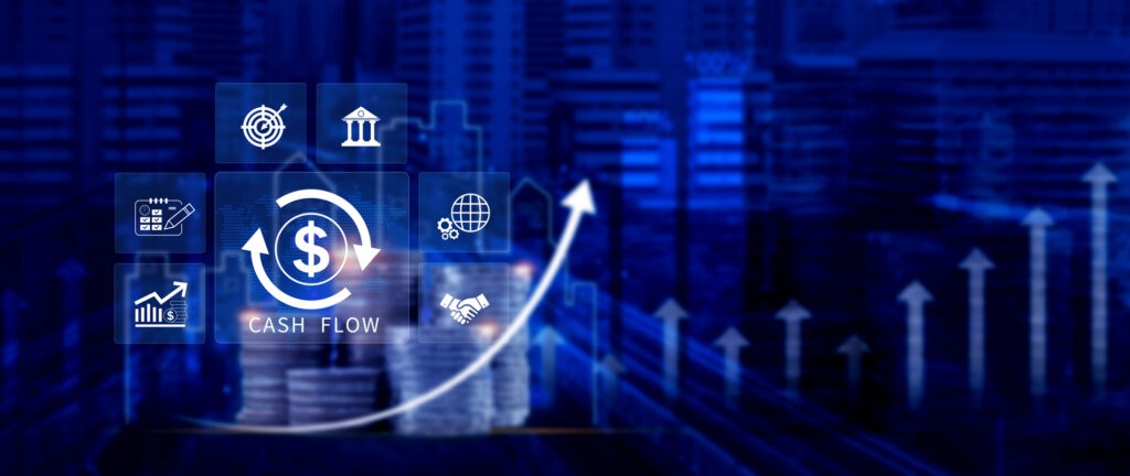 Blue digital dashboard showing cash flow analytics with upward trend arrows and financial icons