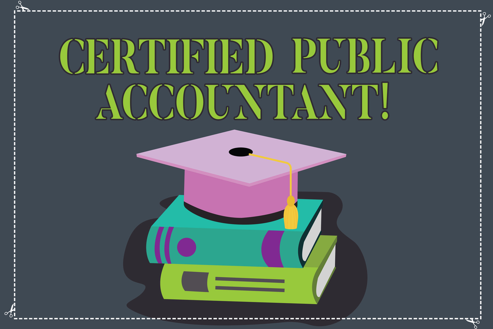 Certified Public Accountant graphic with a graduation cap on top of books and a calculator